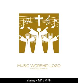 Musik Logo. Christliche Symbole. Diejenigen, die an Jesus glauben, singen ein Lied der Verherrlichung des Herrn Stock Vektor