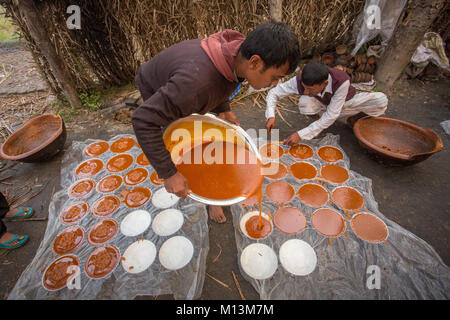 Heißes Date Palm Tree Saft wird in den Behälter an Iswardi, Bangladesch gegossen. Stockfoto