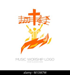 Musik Logo. Christliche Symbole. Der Gläubige betet Jesus Christus, singt die Ehre sei Gott Stock Vektor