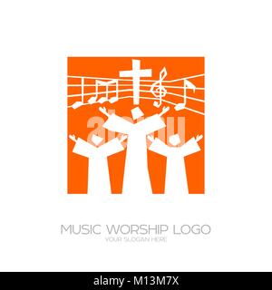 Musik Logo. Christliche Symbole. Diejenigen, die an Jesus glauben, singen ein Lied der Verherrlichung des Herrn Stock Vektor