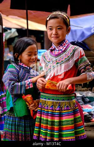 Vietnam, Ha Giang, Sünde Mann ou Xin Mann Bezirk, Sin Mann Markt, ethnischen Minderheit von flower Hmong Stockfoto