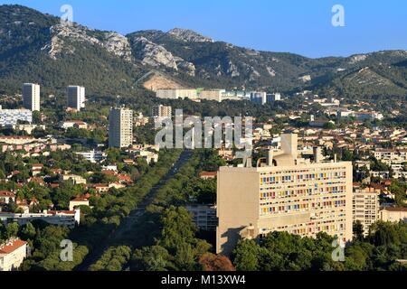 Frankreich, Bouches-du-Rhone, Marseille, architektonisches Werk von Le Corbusier, als Weltkulturerbe von der UNESCO, Cité Radieuse oder leuchtende Stadt aufgeführt, die von Le Corbusier angrenzenden boulevard Michelet im 8. arrondissement Stockfoto