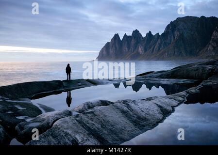 Norwegen, Troms County, nördlich des Polarkreises, Senja Insel zwischen Oslo und den Lofoten, Tungeneset Küste, Devil's Zähne, Okshornan Berge und den Fjord Erstfjorden Stockfoto