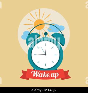 Wake up Guten morgen Poster mit Wecker und Wolken Stock Vektor