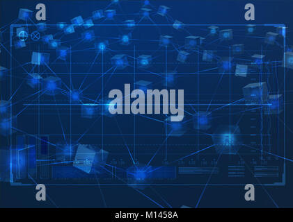 Ein Konzept, ein Netzwerk von miteinander verbundenen Blöcke von Daten zeigt eine cryptocurrency blockchain überlagert mit einer technischen Analyse Schnittstelle Stockfoto