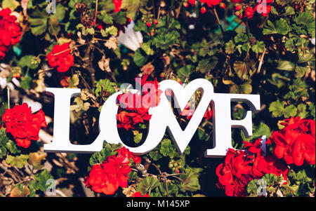 Kreative Layout mit bunten Blumen, Blättern und Wort Liebe. Liebe-Konzept. Stockfoto