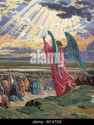Ein Engel erscheint Josua's Army. Buch der Richter. Kapitel 11, Verse 1-5. Kupferstich von Gustave Dore (1832-1883). Gefärbt. Stockfoto
