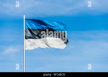 Nahaufnahme des einzigen estnischen Trikolore winken im Wind vor blauem Himmel Stockfoto