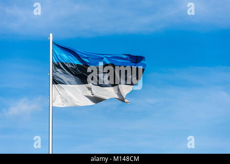 Nahaufnahme des einzigen estnischen Trikolore winken im Wind vor blauem Himmel Stockfoto