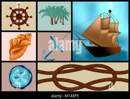 Marine Themen. Schiff, Anker und Palm Tree Stock Vektor
