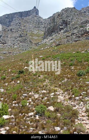 Blick von der oberen Seilbahnstation auf dem Tafelberg aus unteren Seilbahn Station, Cape Town, Western Cape, Südafrika. Stockfoto