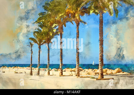 Sonnigen Mittelmeer Strand, Strandpromenade mit Palmen, Boot an der Küste, Av de los Marineros, Torrevieja, Valencia, Spanien. Digitale Aquarelle Malerei Stockfoto