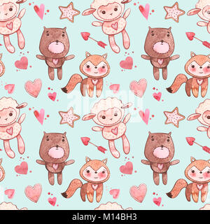 Nahtlose Muster mit Tieren. Rosa Aquarell Set von Elementen für den Valentinstag. Scrapbook Design Elemente. Typografie, Poster, Karten, Etiketten, Banner Design gesetzt. Stockfoto