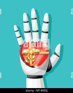 Weiße Roboter Hand oder Roboterarm für Prothetik hält ein Geschenk in der Form eines Herzens mit einem Gold Bug Vector Illustration auf Türkisfarbenem Hintergrund Webseite und mobile App Design isoliert Stock Vektor