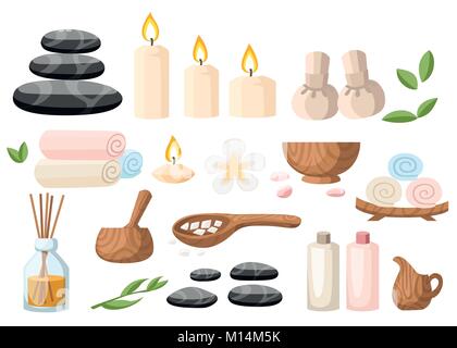 Bunte spa Werkzeuge und Zubehör schwarz Basalt massage Steine Kräuter Mörser aufgerollt Handtuch öl Gel und Kerzen Vector Illustration auf Weißem und Blauem Hintergrund Stock Vektor