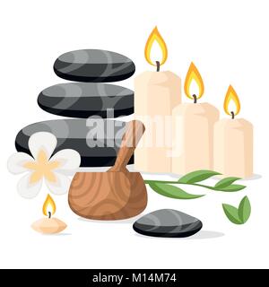 Bunte spa Werkzeuge und Zubehör schwarz Basalt massage Steine Kräuter Mörser und Kerzen Vector Illustration auf weißem Hintergrund Webseite und mobile App Design isoliert Stock Vektor