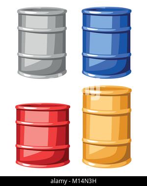 Satz von vier Stahl Farbe Fässer Vector Illustration auf weißem Hintergrund Webseite und mobile App Design isoliert. Stock Vektor