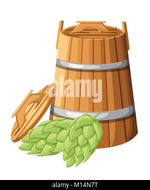 Holzfass mit Griffe und Deckel für hebs und Hopfen Vector Illustration auf weißem Hintergrund Webseite und mobile App Design isoliert. Stock Vektor