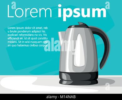 Moderne Wasserkocher auf grau Tabelle aus schwarzem Kunststoff und Edelstahl mit Platz für Ihren Text Vector Illustration auf Türkisfarbenem Hintergrund website Pa Stock Vektor