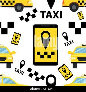 Nahtlose Muster der Taxi Service smartphone Logo und Auto Vector Illustration auf weißem Hintergrund Webseite und mobile App Design. Stock Vektor