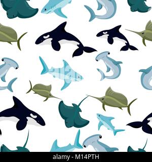 Nahtlose Muster der Hammerhaie und Blauhai sphyrna Manta orca Vector Illustration auf weißem Hintergrund Webseite und mobile App Design. Stock Vektor