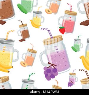 Nahtlose Muster der nehmen Sie den Smoothie mit Zutaten Banane Gurke Schokolade pfirsich Traube Vector Illustration auf weißem Hintergrund website Seite und Stock Vektor