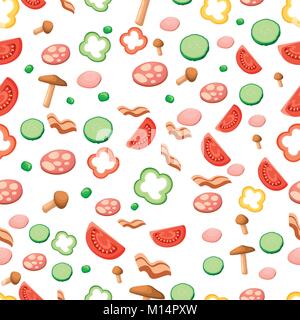 Nahtlose Muster mit Zutaten für Pizza Salami, Tomate, Speck, Gurken bulgarischen Pfeffer Champignons Erbsen Vector Illustration auf weißem Hintergrund mit Stock Vektor