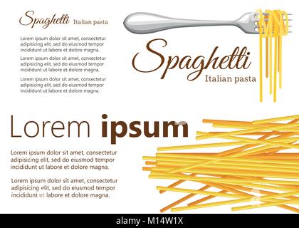 Spaghetti auf der Gabel und rohe Nudeln Vector Illustration auf weißem Hintergrund mit Platz für Ihren Text Webseite und mobile App Design. Stock Vektor