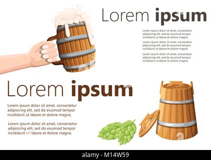 Hadn holding Bierkrug und Holzfass mit Griffe und Deckel für hebs und Hopfen Vector Illustration auf weißem Hintergrund mit Platz für Ihre te isoliert Stock Vektor