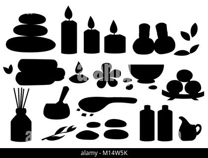 Silhouetten spa Werkzeuge und Zubehör schwarz Basalt massage Steine Kräuter Mörser aufgerollt Handtuch öl Gel und Kerzen Vector Illustration auf weißen backgr Stock Vektor