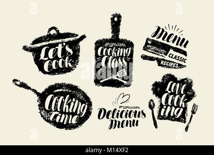 Kochen, Küche label gesetzt. Kochen, Geschirr, Küchenutensilien und Typografie. Schriftzug Vector Illustration Stock Vektor