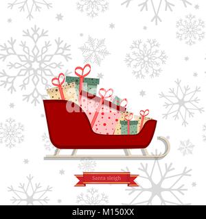 Luxus nahtlose Muster mit gold Schneeflocken und Santa sleigh mit Stapel von präsentiert. Vector Illustration Stock Vektor