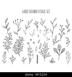 Sammlung von Hand gezeichnet Vektor Blüten und Zweige mit Blättern, Blüten und Beeren. Moderne Skizze Sammlung. Dekorative Elemente für Design. Tinte, vin Stock Vektor