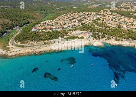 Frankreich, Bouches du Rhône, La Cote Bleue, Sausset-les-Pins, Anse Boumandariel, Plagette du Vier a Chaux (Luftbild) Stockfoto