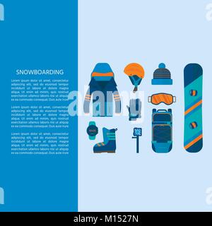 Winter Sport icons Collection. Skifahren und Snowboarden set Ausrüstung auf weißem Hintergrund in flachem Design isoliert. Elemente für Ski Resort Bild Stock Vektor