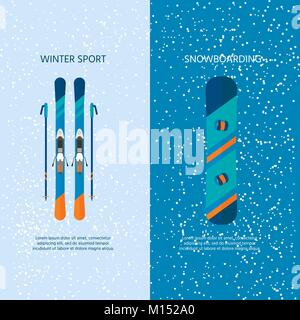 Winter Sport icons Collection. Skifahren und Snowboarden set Ausrüstung auf weißem Hintergrund in flachem Design isoliert. Elemente für Ski Resort Bild Stock Vektor