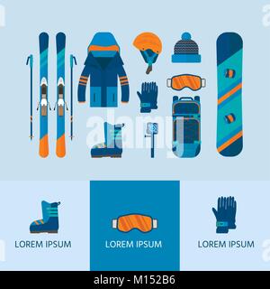 Winter Sport icons Collection. Skifahren und Snowboarden set Ausrüstung auf weißem Hintergrund in flachem Design isoliert. Elemente für Ski Resort Bild Stock Vektor