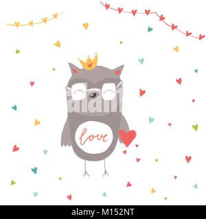Schönen Valentinstag geschenk Karte mit Eule Herz und Schriftzug Liebe. Kalligraphie, Hand gezeichnet Design Elemente für Print, Plakat, Einladung, party Decora Stock Vektor