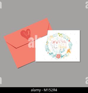 Schönen Valentinstag geschenk Karte mit Umschlag Herz und Schriftzug liebe dich bis zum Mond. Kalligraphie, Hand gezeichnet Design Elemente für Print, Plakat, Inv. Stock Vektor