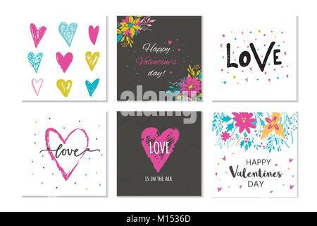 Schönes Set von 6 Valentinstag geschenk Karte mit Herzen, Blumen und Schriftzug Liebe. Kalligraphie, Hand gezeichnet Design Elemente für Print, Plakat, Invitatio Stock Vektor