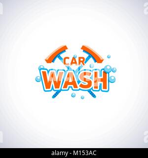 Auto waschen Cartoon Stil Emblem mit Blasen und Mop, isolierte Vektor logo Vorlage. Reinigung Firmenlogo. Stock Vektor