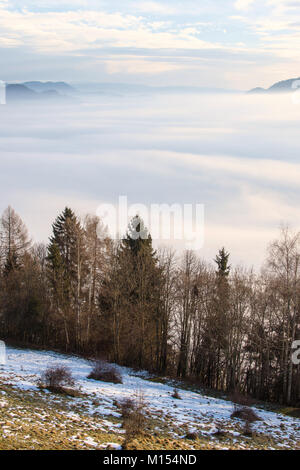 Landschaft Morgen Ansicht mit Wellen von Nebel über die Berge und Bäume Stockfoto