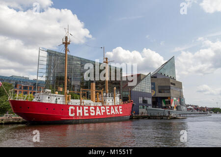 Die Vereinigten Staaten Feuerschiff Chesapeake (LV-116), ein Museum Schiff in Baltimore Inner Harbor, Baltimore, Maryland, USA. Stockfoto