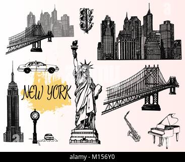 Satz von Hand gezeichnete Skizze Stil New York themed isolierte Objekte. Vector Illustration. Stock Vektor