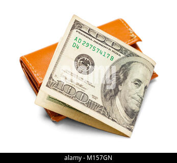 Hundert Dollar Bill und Brieftasche isoliert auf einem weißen Hintergrund. Stockfoto