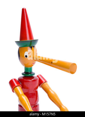 Pinocchio Schließen oben mit langer Nase isoliert auf einem weißen Hintergrund. Stockfoto