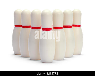 Satz von kleinen Bowling Pins Vorderansicht isoliert auf einem weißen Hintergrund. Stockfoto