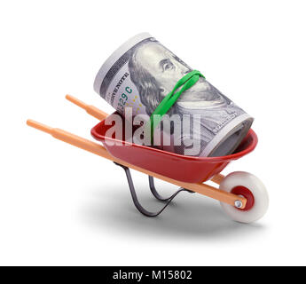 Red Wheel Barrow mit einer Rolle von Hundert-euro-Scheine. Stockfoto