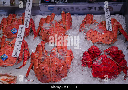 Anzeigen von frischem Ryan Krabben im Nijo Fischmarkt in Sapporo, der größten Stadt auf der nördlichen Insel Hokkaido. Ryan Krabbe ist ein Muss versuchen in Hokkaido Stockfoto