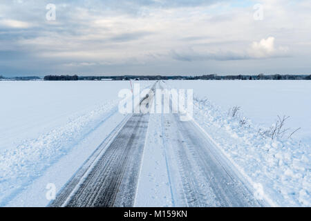 Gerade Straße in eine winterliche Landschaft auf der schwedischen Insel Oland Stockfoto